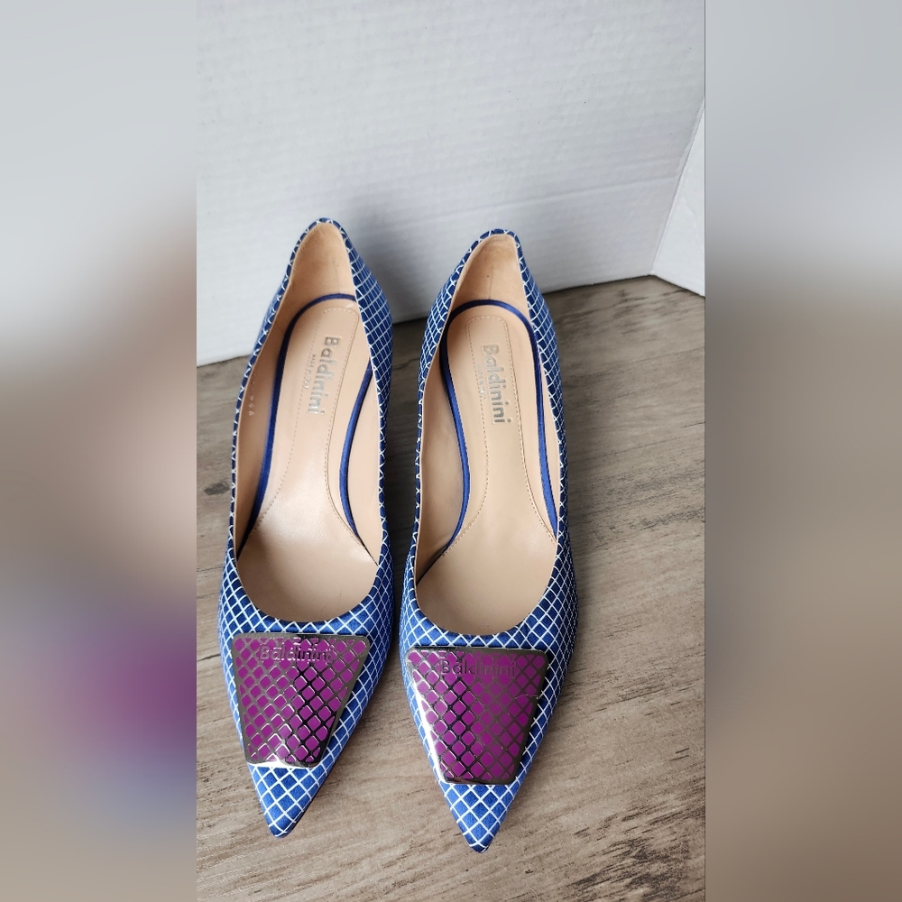 Baldinini Italian Designer Grid Print Kitten Heel Pumps Size 37.5 Made in Italy - Picture 2 of 16